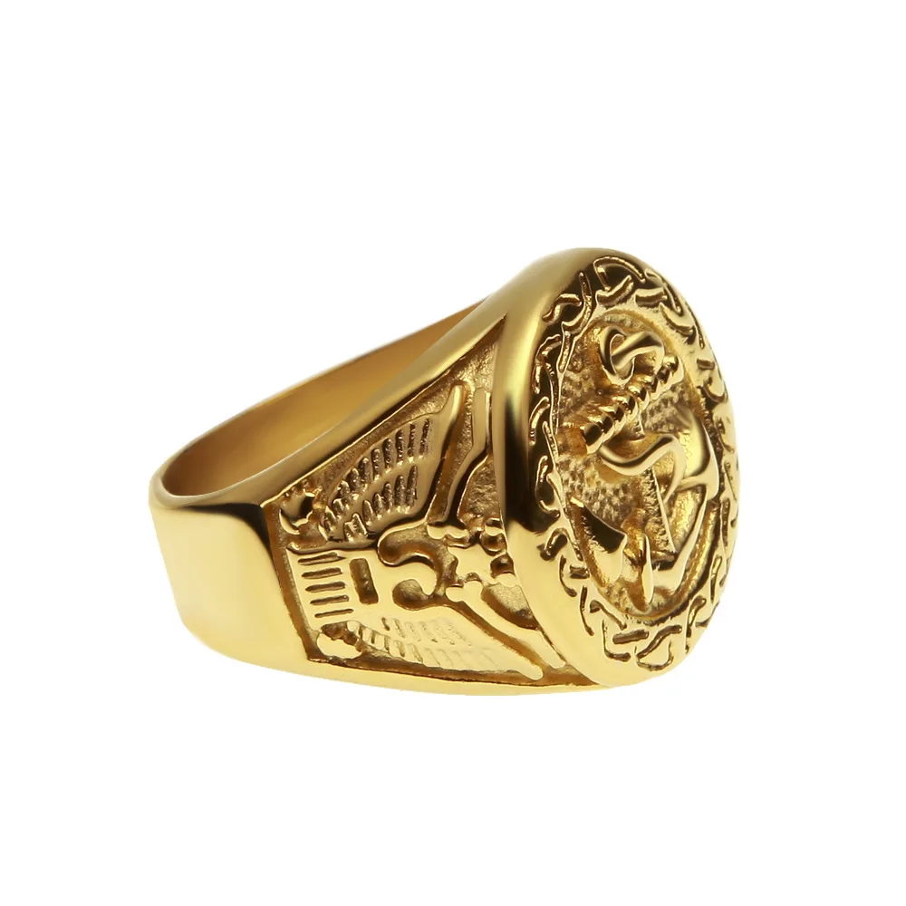2019 Gold luxury ship's anchor ring 316L stainless steel gold plated iced out ring Casting engraved eagle gold ring men