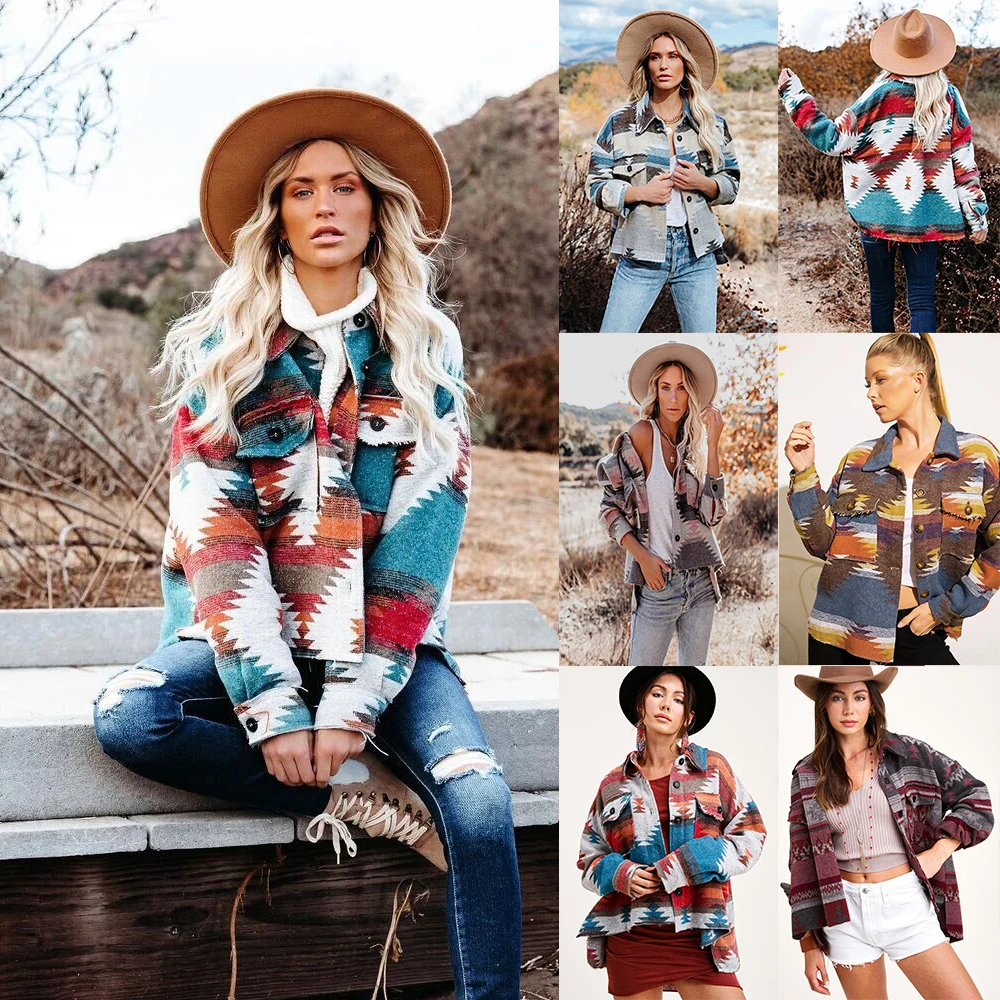 2023 Fashion Wholesale Fall Winter Womens Western Shackets Ladies Long Sleeve Button Down Vintage Aztec Shacket