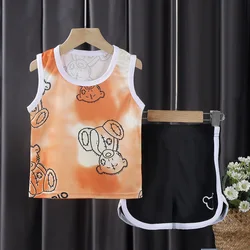 Summer baby vest suit boy cartoon stripe sleeveless two-piece kids clothing printing summer children clothes