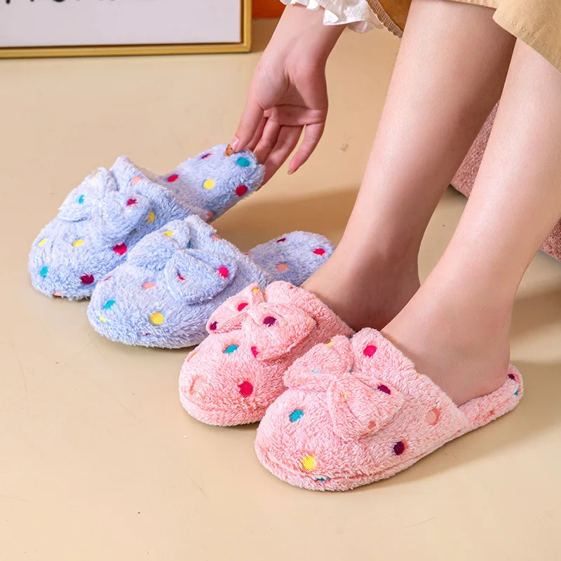 MB1 Women's Winter Bow Cotton Plush Slippers Girl Home Indoor Non-slip Plush Shoes Female Winter Warm Slippers For Women