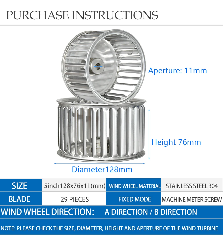 Fábrica de aço inoxidável 304 tomada personalizada 128mm sirocco FORWARD impulsores roda de ventilador fábrica