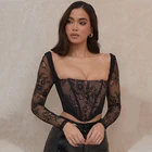 2021 Spring Sexy Lace Hollow Out Black Thin Womens Tops Club Women Lace Corset Top