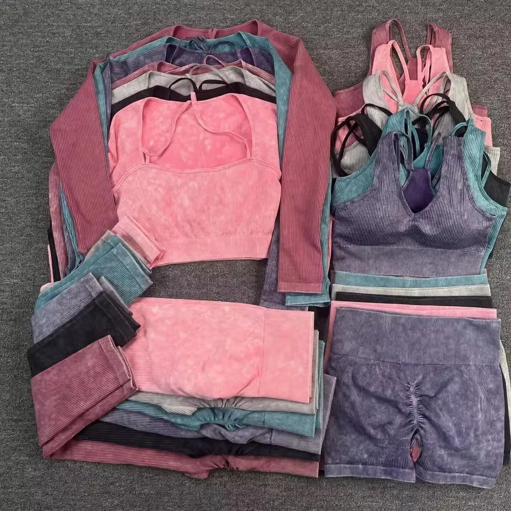 NEW Acid Washed Seamless Women Yoga Sets Workout Running Yoga Wear Tops Push Up leggings Shorts Sportswear Gym Fitness Sets