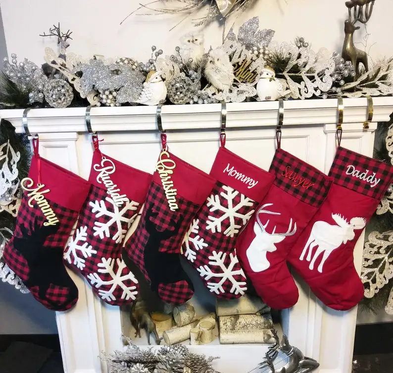plaid christmas stocking red deer and snowflake pattern xmas