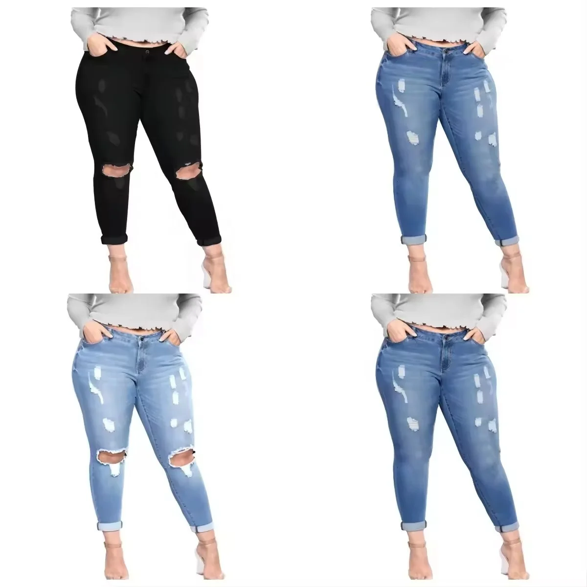 Women's high-waisted skinny pencil jeans Women's ripped jeans washed denim Stretch slim denim pencil pants