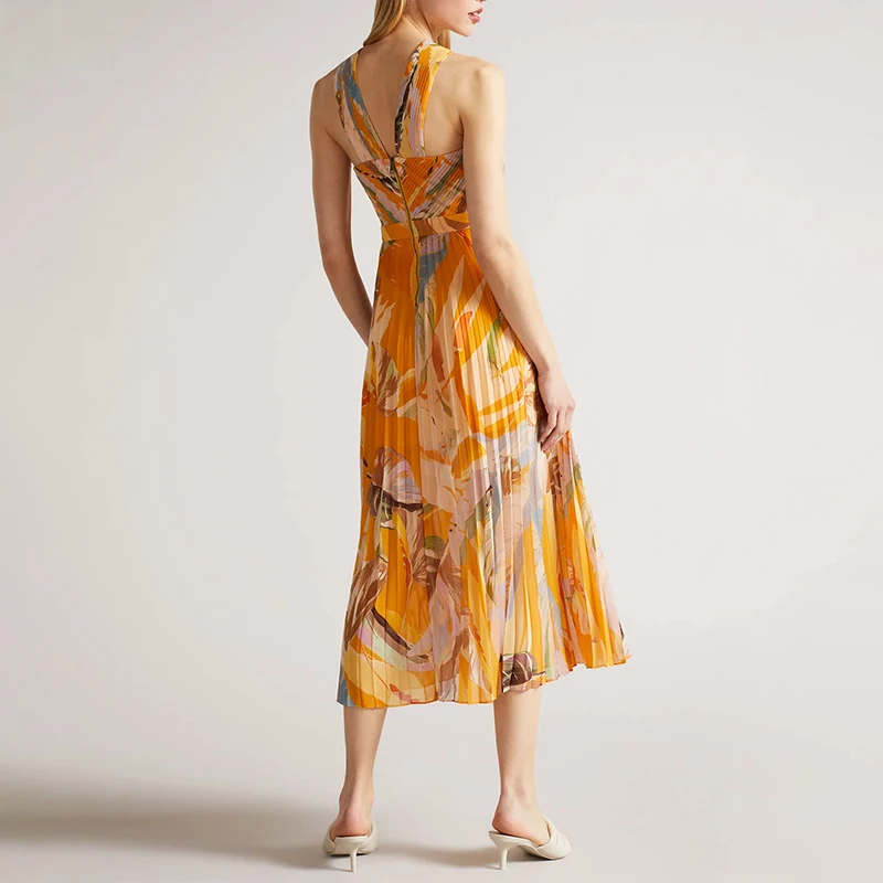 Summer Latest Ladies Women Casual Sleeveless Halter Plisse Sundress Pleated Dress Print Elegant Midi Long Chiffon Mini Floral