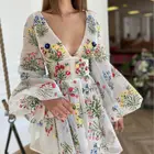 Woman Female Fashion New V Neck Pattern Long Sleeve Embroidered Woman Dresses Mini Short Dresses