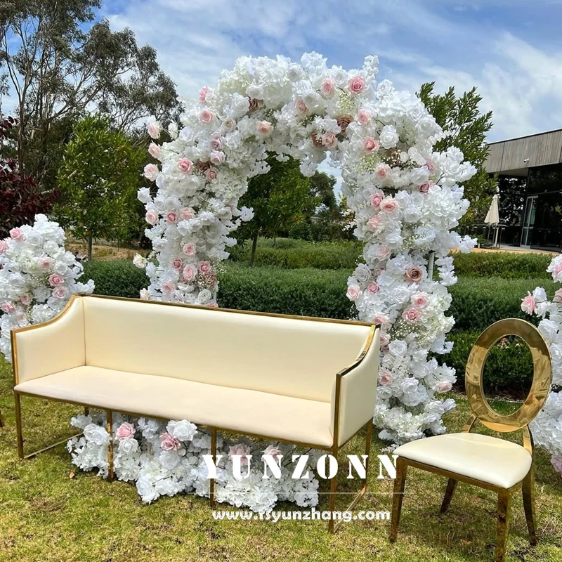 Upholstered Gold Stainless Steel Accented White Leather Wedding Sofa for Rental Event