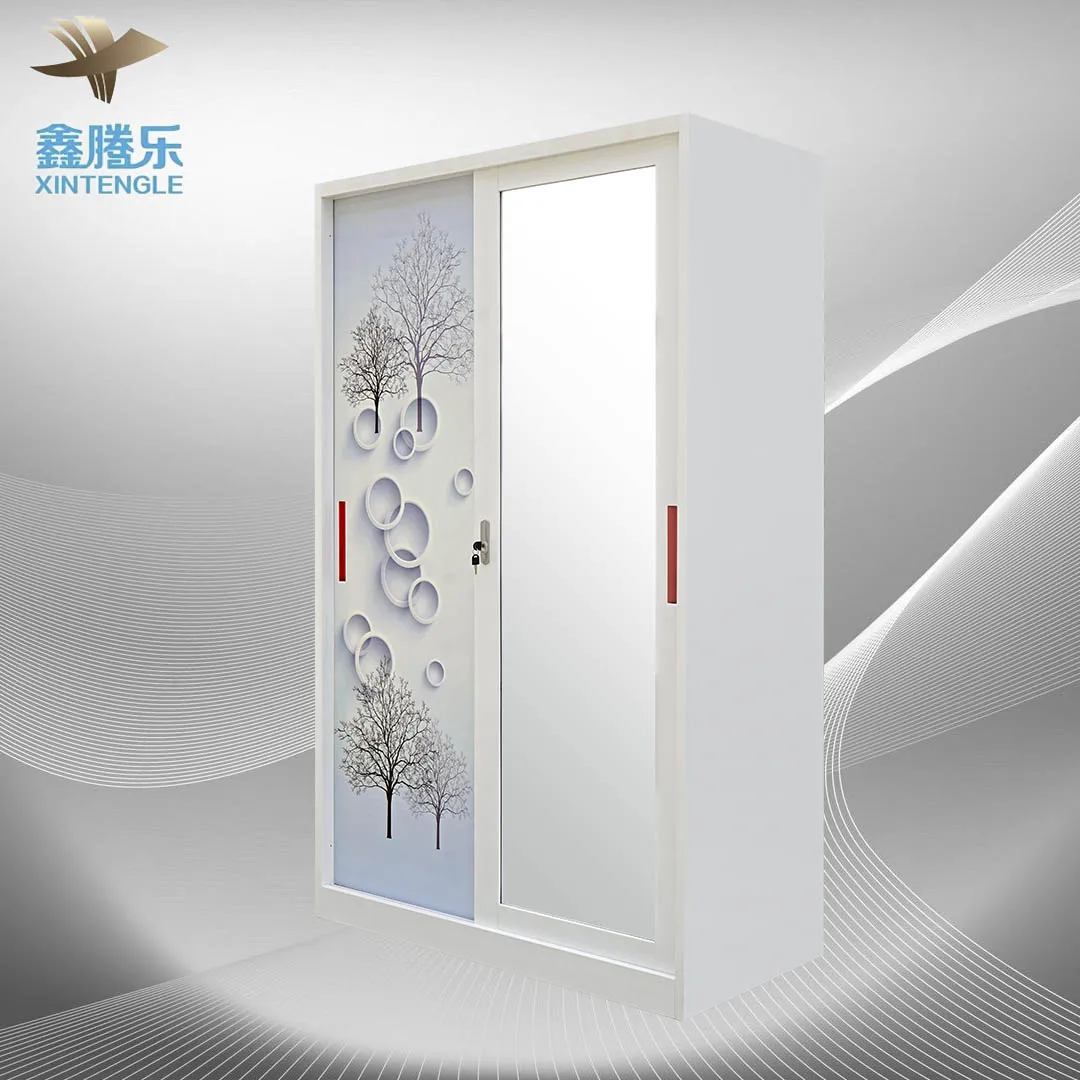 Made in China two door simple style wardrobe steel furniture metal print transfer almirah with mirror