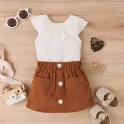 New arrival children's clothing summer baby ruffle collar pure cotton sleeveless tops corduroy skirts girls outfits