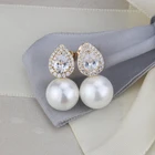 Earrings Pearl Stud CZ Micro Pave Gold And Silver Plated Copper Earrings Large White Pearl Stud Earrings