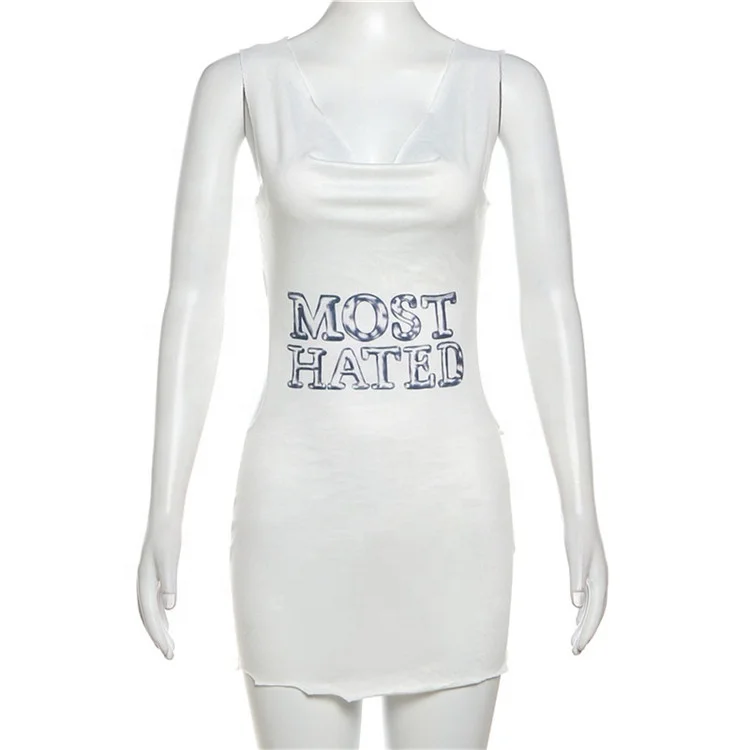 White Lettering Print Chain Short Dress Party Clubwear For Women 2023 Fashion Asymmetric Mini Dress