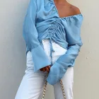 Women Silk Shirt Women Blue Long Sleeve Asymmetry Drawstring Silk Shirt Blouse