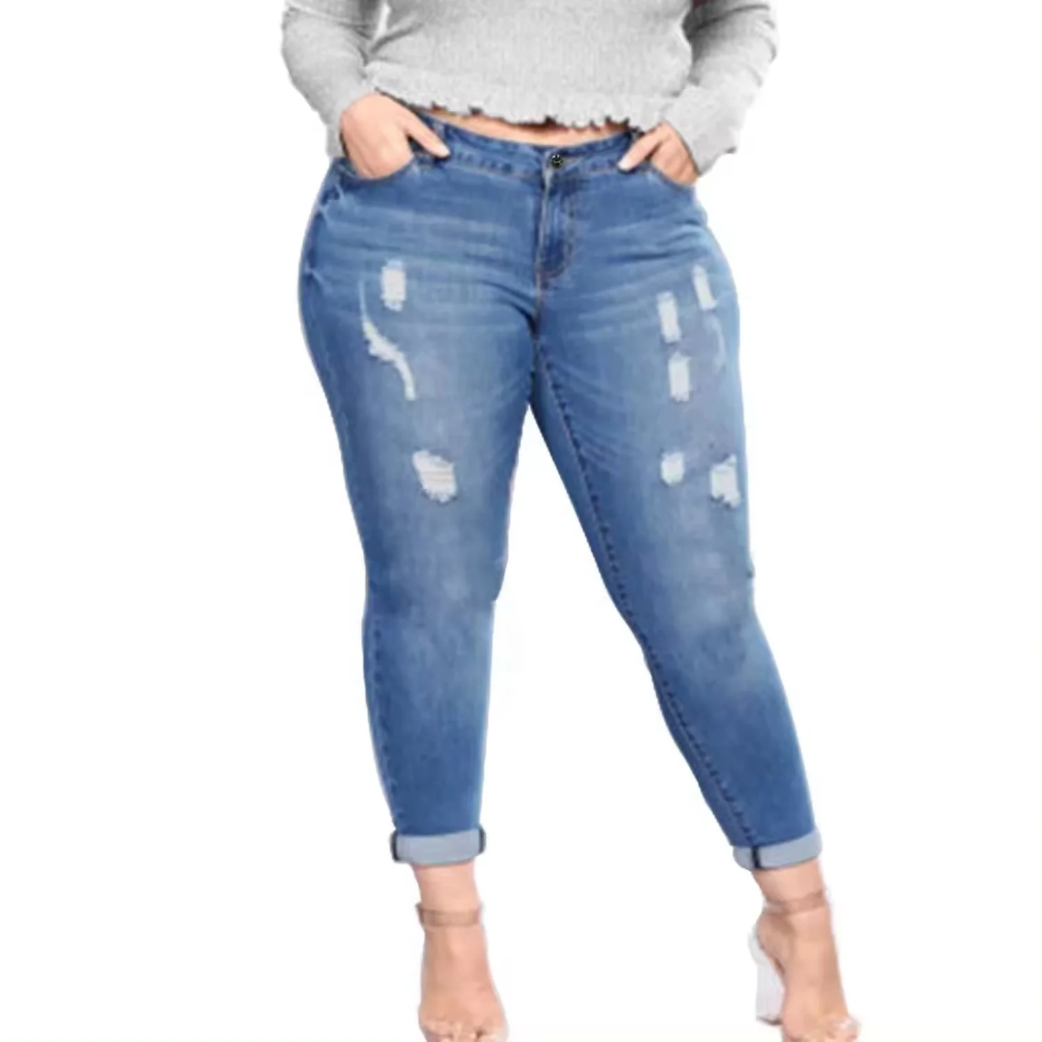 Women's high-waisted skinny pencil jeans Women's ripped jeans washed denim Stretch slim denim pencil pants