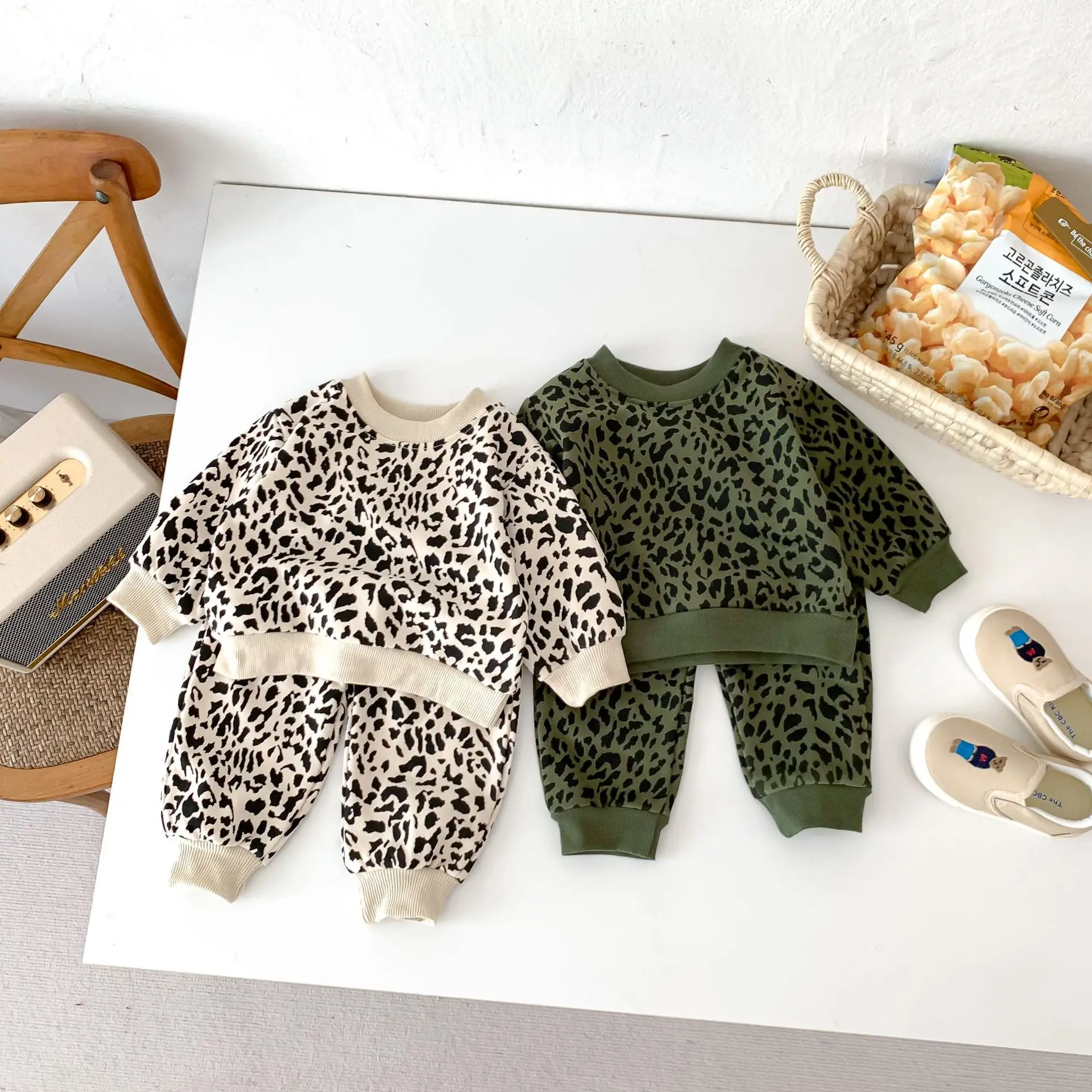 2023 Autumn New Baby Hoodie Suit Leopard Print Infant Girls Clothing Set Boys Outfit