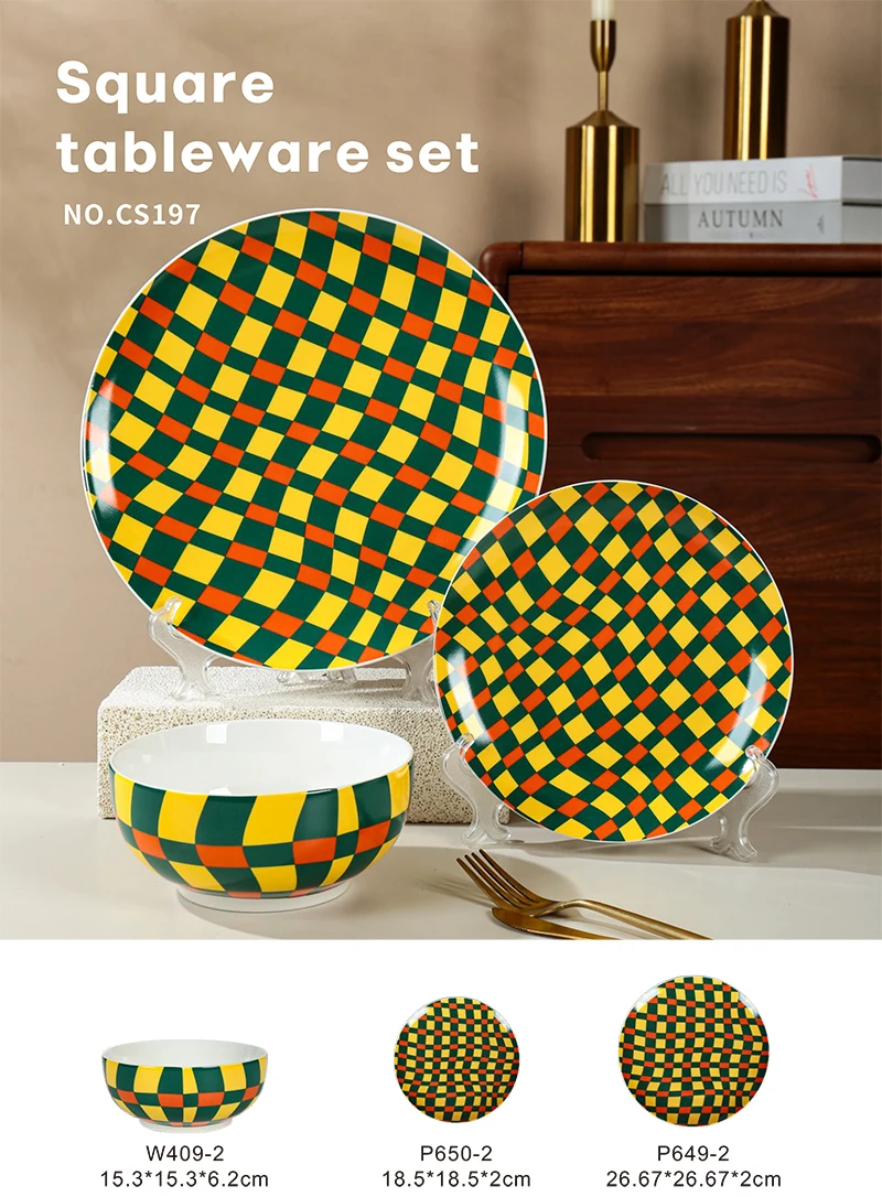 product wholesale porcelain reusable round shape cubic lattice design ceramic dinnerware dessert plate home tableware dinnerware set-1