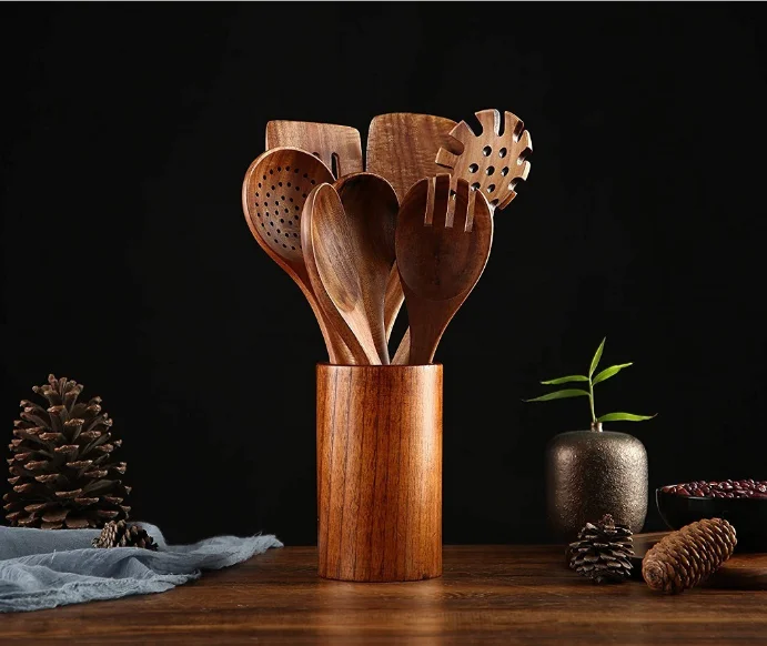 7 Pcs Teak Wooden Spoons Spatula Cooking Sold Non-stick Cooking Set Kitchen Cooking Set