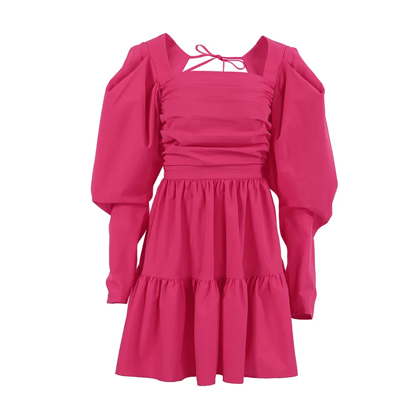 Autumn and winter French princess dress pink square collar puff sleeve dress cake dress for women
