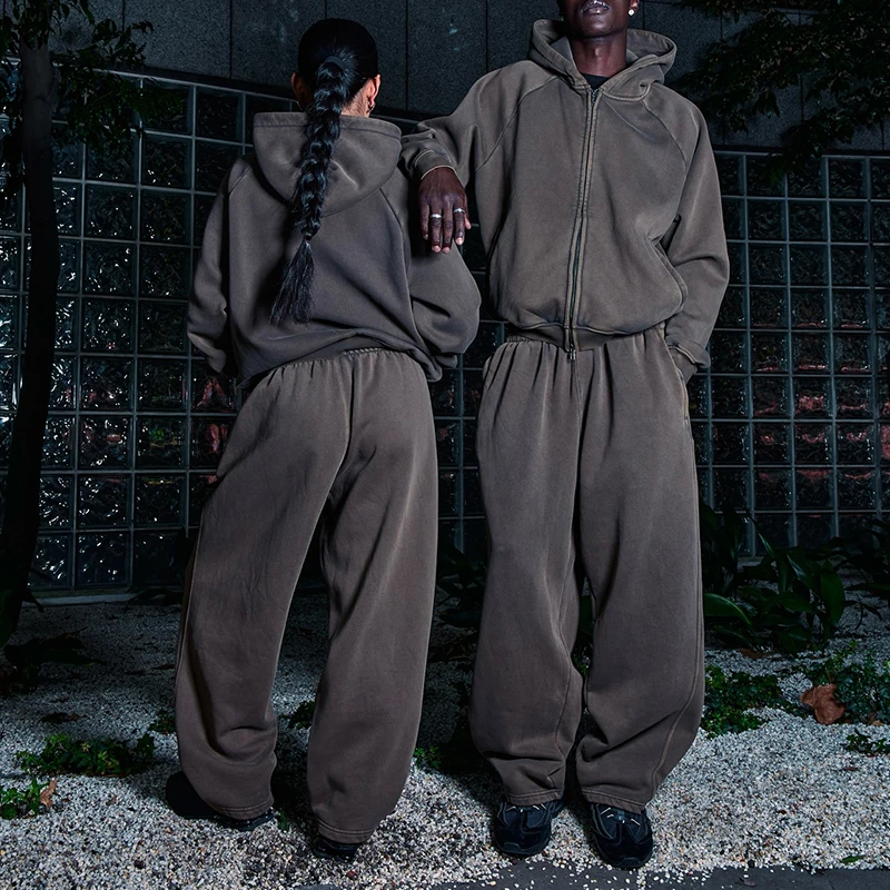Custom Acid Washed Hooded Streetwear Tracksuit OEM Service Sweatsuit