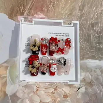 Handmade Custom Nail Piece Little Bear + New 2024 Christmas Design Finger Luxury Acrylic Press on Nails Wholesale