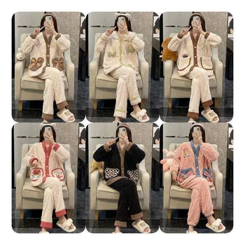 2024 Factory wholesale women's long-sleeved soft satin buckle pajamas set luxury thick cashmere pajamas