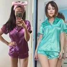 Sleepwear Custom Women's Shiny Slip Modern Solid Short Sleeve Shorts Satin Pajama Sets PJ Sleepwear Sets