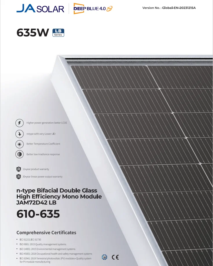 Ja N Type Bifacial Double Glass Half Cell Mono Module Jam72d42 Lb 605w