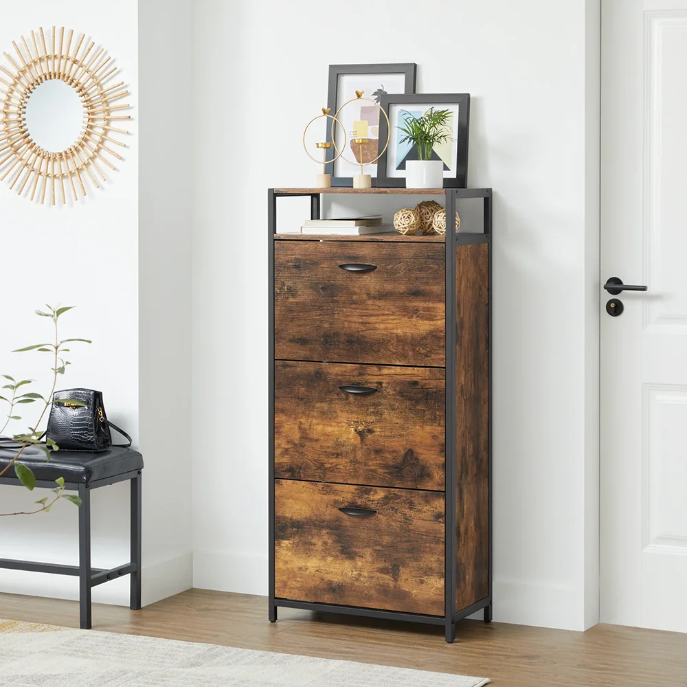 Modern 18-Pair Shoe Storage Cabinet Wood and Metal Design for Home Living Room or Entry Shoe Organizer Rack details