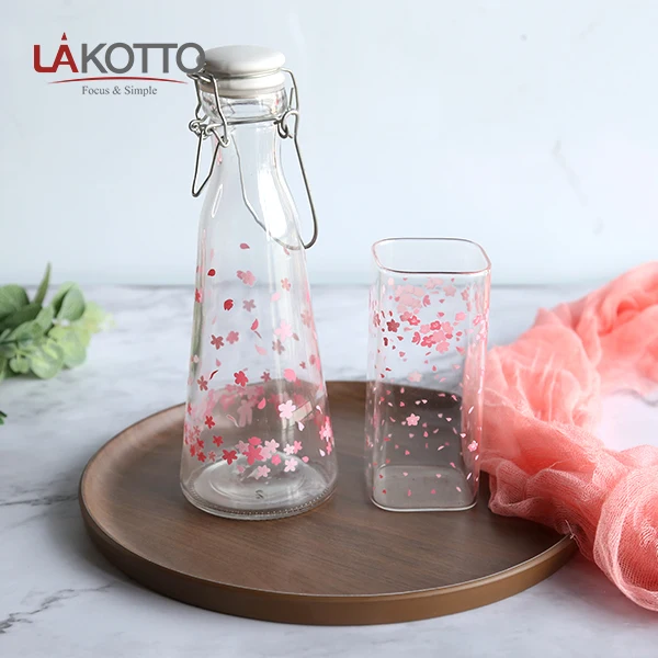 Creative Sakura Glass Portable Cute Female Student Cup Water Bottle  Sakura Drinkware set