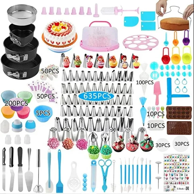 2023 Top Hot New 635 Pcs Cake Turntables Decoration Accessories Stainless Steel Kit Baking Pastry Cake Decorating Tools Set