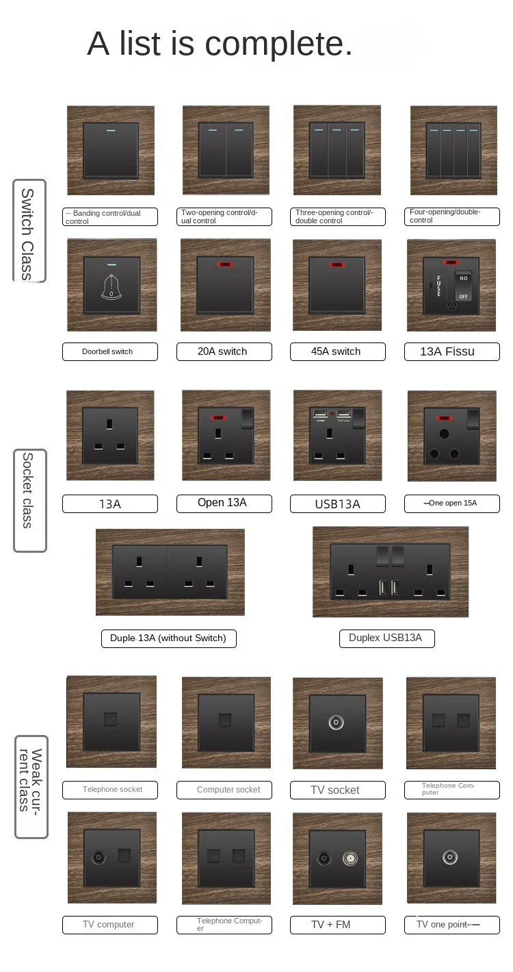 木纹面板英国标准1组开关和插座，带usb和类型快速充电壁灯插座