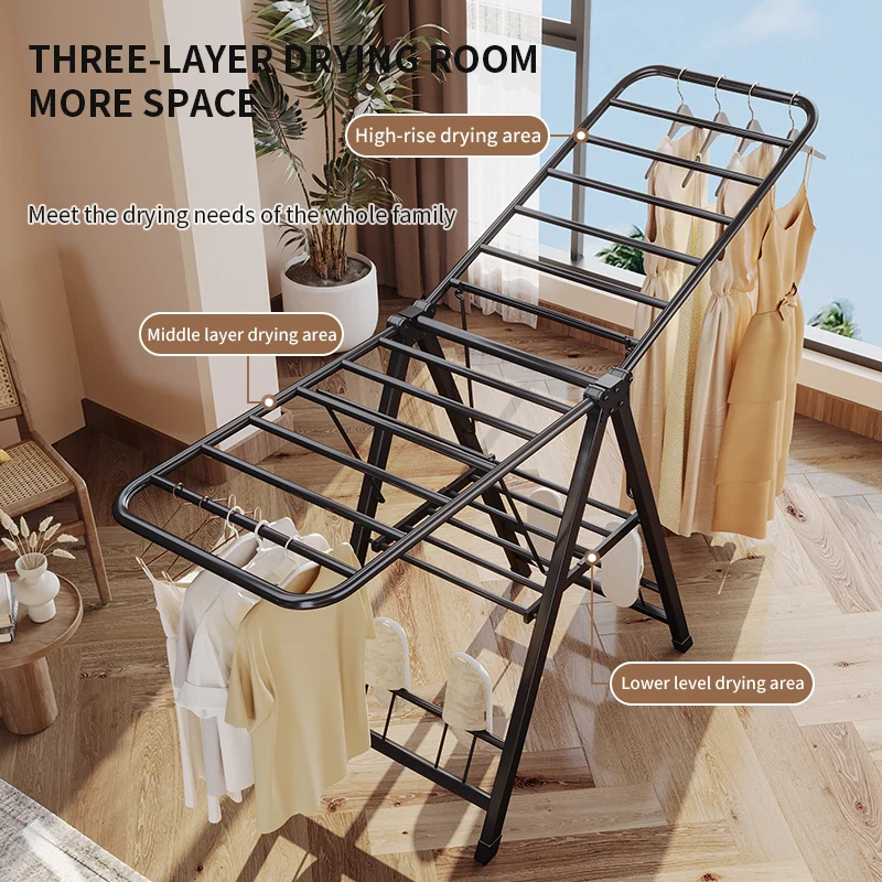 product sturdy metal gull wing clothes drying rack standing type detachable functional design space saving collapsible laundry rack-3