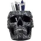Pencil Pen Holder Resin Cranium Skeleton Head Pencil Storage Tribal Tattoo Floral Skull Pen Holder Figurine