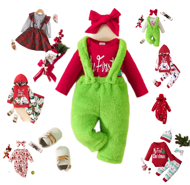 Baby Christmas Hooded Long Sleeve Pouch Top Customized Printed Pants Set Pullover Sweater Pants Baby Clothes