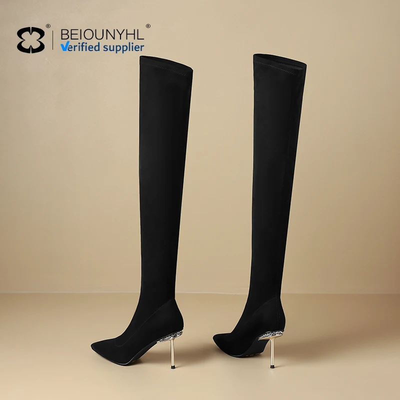 modern Women's Knee-High Sock Boots Over-the-Knee High Heel Pointed Toe Shoes Stretchy Long Fabric Fashion Ladies Boot