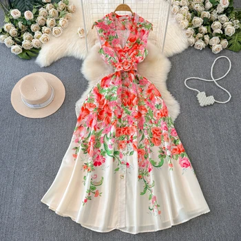 LE2558 2024 Women'S Boutique Maxi Printed Dresses Ladies Runway Suit Collar Flowers Long Dress Sleeveless Casual Holiday Dress