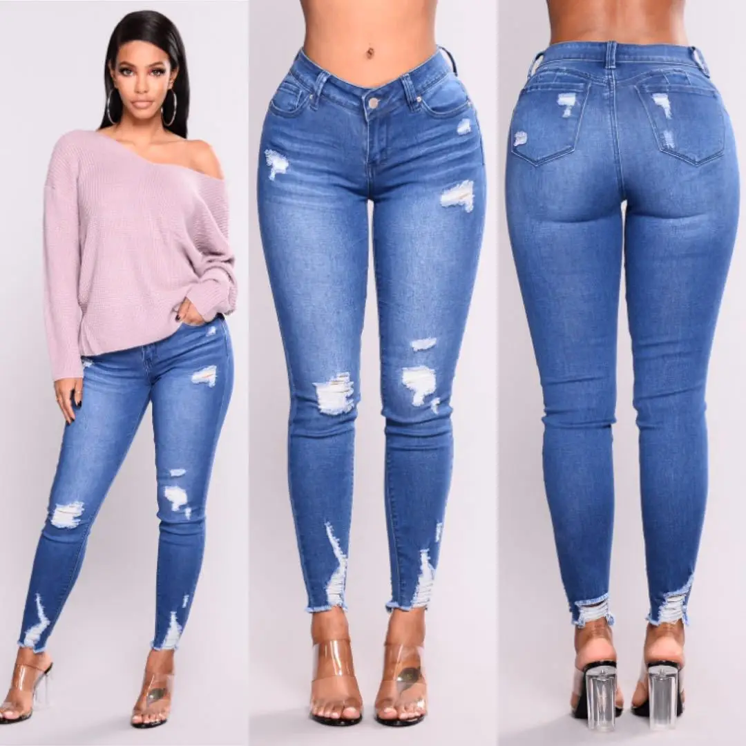 fashion Casual high waist pierced tassel womens jeans skinny ripped  blue denim high waisted pants women's jeans