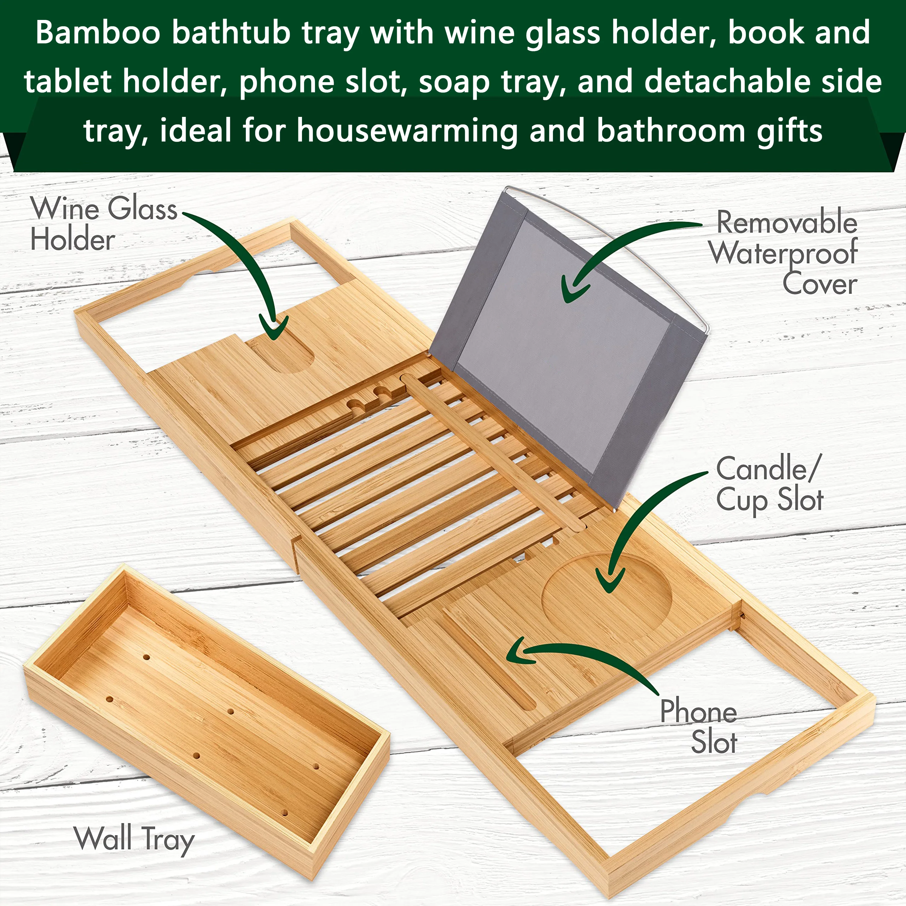 product luxury bamboo bathtub caddy tray extendable bath tub organizer bathtub tray wine glass holder bathroom accessories-6