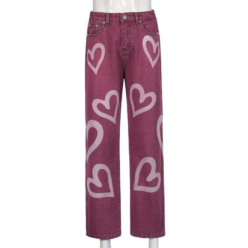 Custom Ladies Denim Jeans High Waist Heart Print Pantalon Jean Baggy Women Y2k Jeans supplier