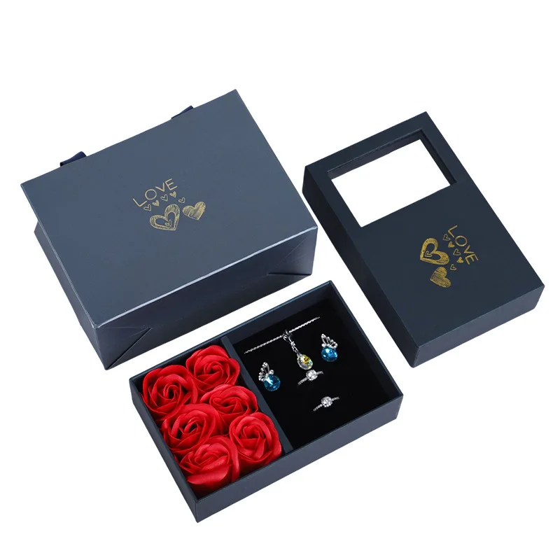 EverBright Wholesale New Year Gift Simulation Rose 6pcs Preserved Flower Ring Jewelry Gift Paper Box Valentine's Day Gift Box