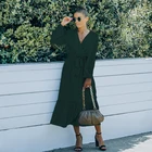 Hot Sale Womens Spring Summer Deep V Neck Long Sleeve Tie Waist Midi Dresses