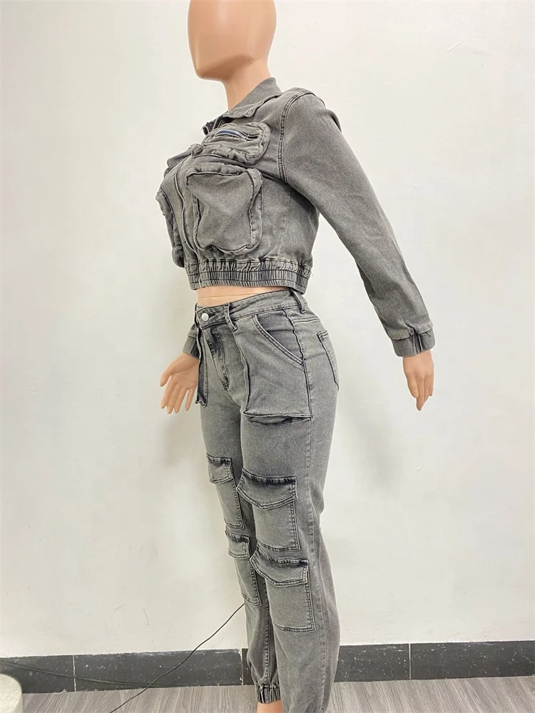 Multi Pockets Denim Pants Outfit Sexy Women Two Pieces Elegant Jeans Casual Matching Set Jacket+Trousers