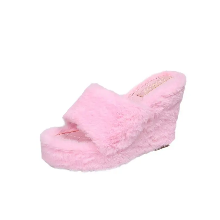 35-43 large wedge heel thick sole slippers new multi-color casual short plush one-footed fashion plush shoes