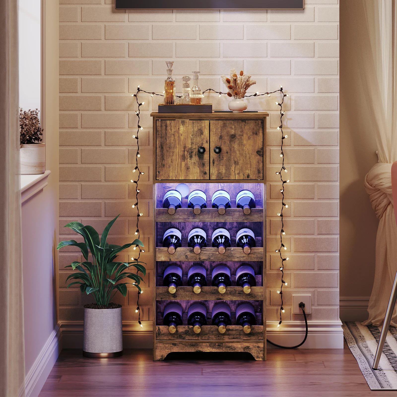 Wholesale Industrial Wood 4/5 Tier Shelves Wine Rack Bar Cabinet With Storage Charging Station for House Living Room Furniture