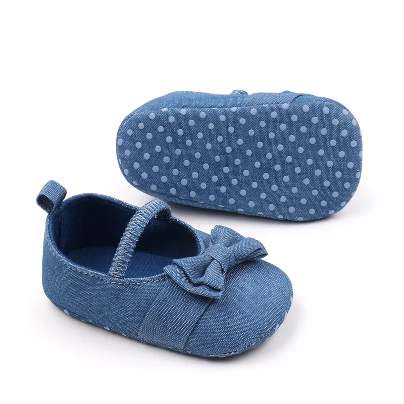 Fashion Trend Baby Solid Color Denim Cute Bow Elastic Princess Mary Jane Flats Toddler Shoes manufacture