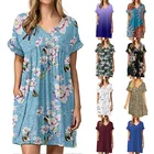 Women's Short 2021 Amazon Hot Sale Summer New Women's Top V-neck Print Short Sleeve Tuck Loose Pocket Dress