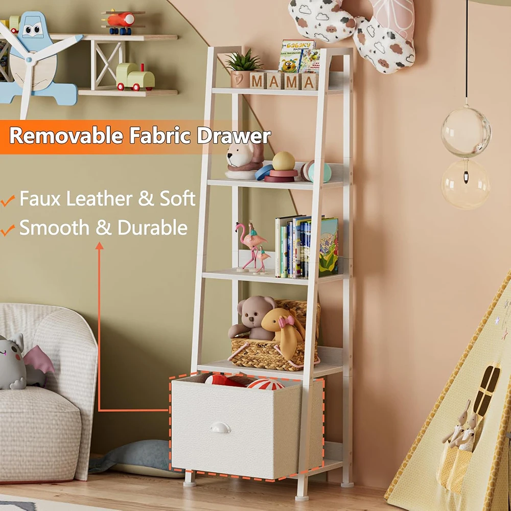 5-Tier White Ladder Bookshelf Removable Drawer Modern Wood Metal Freestanding Storage Shelves for Living Room manufacture