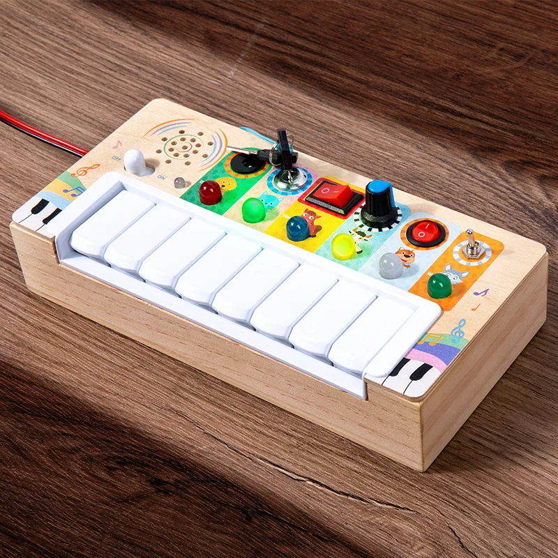 Nouveaux enfants jouets sensoriels en bois Fidget musique jouet Montessori tout-petits électronique occupé conseil jouets avec 6 interrupteurs de lumière LED détails