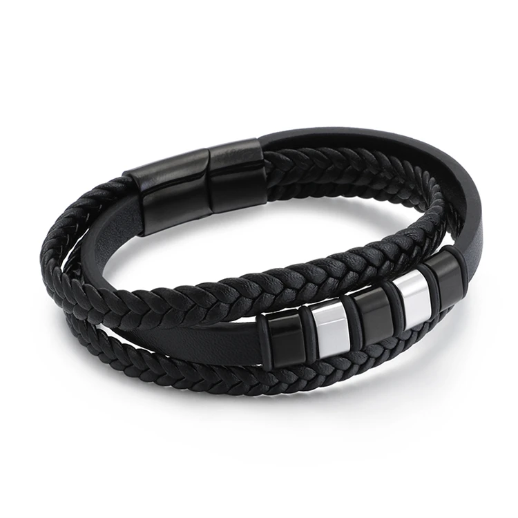 FIBO STEEL 2-3PCS Stainless Steel Braided Leather Bracelet for Men Women Wrist Cuff Bracelet 7.5-8.5 inches 