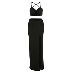 Elegant Women Sexy Camisole Sleeveless Strapless Crop Tops Skirt Matching Set 1 Set Breathable,short Set Casual COLLARLESS S-L